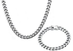 Mens 10mm Stainless Steel Cuban Link Chain With Box Clasp Set
