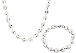 Mens Stainless Steel Puff Mariner Link Chain Set