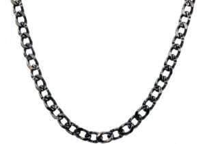 Mens Gunmetal Stainless Steel Curb Link Chain Necklace With Cubic Zirconia