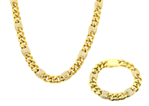 Mens 10mm Gold Plated Stainless Steel Mariner Curb Chain Set With Cubic Zirconia