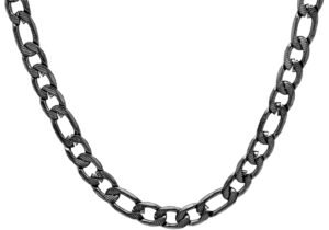 Mens Black Plated Textured Stainless Steel Figaro Link Chain Necklace