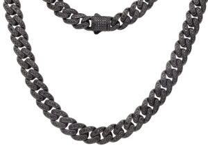 Men's 12mm Black Stainless Steel Iced Out Miami Cuban Link Chain Necklace