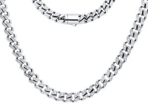 Mens 8mm Stainless Steel Cuban Link Chain Necklace With Box Clasp and Cubic Zirconia