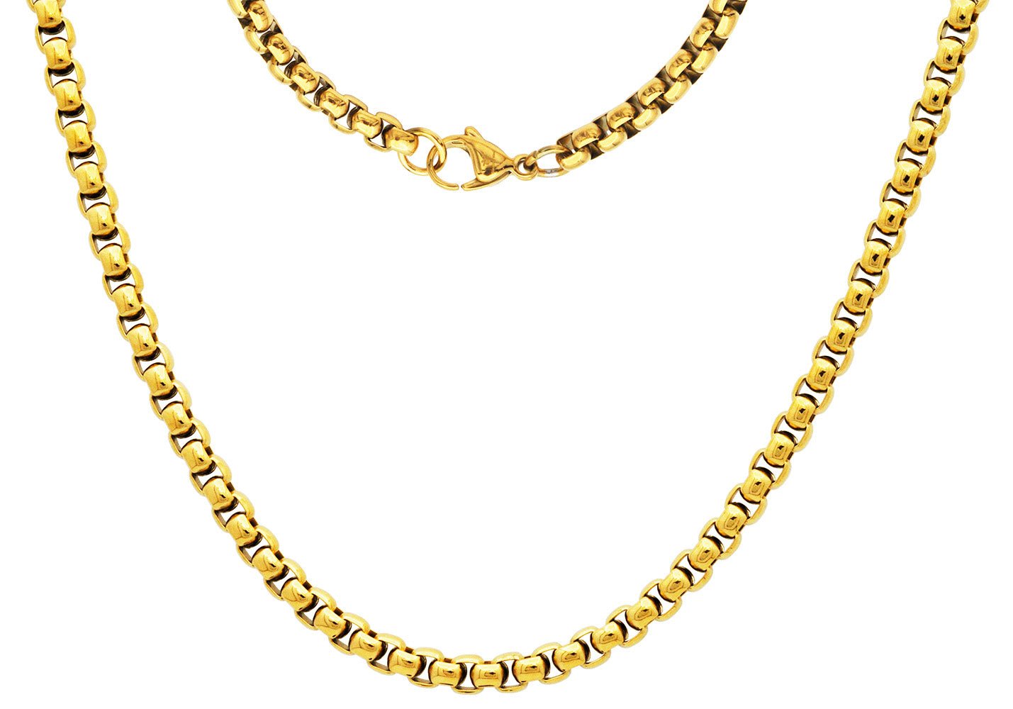 Mens 5mm Gold Plated Stainless Steel Round Box Link Chain Necklace