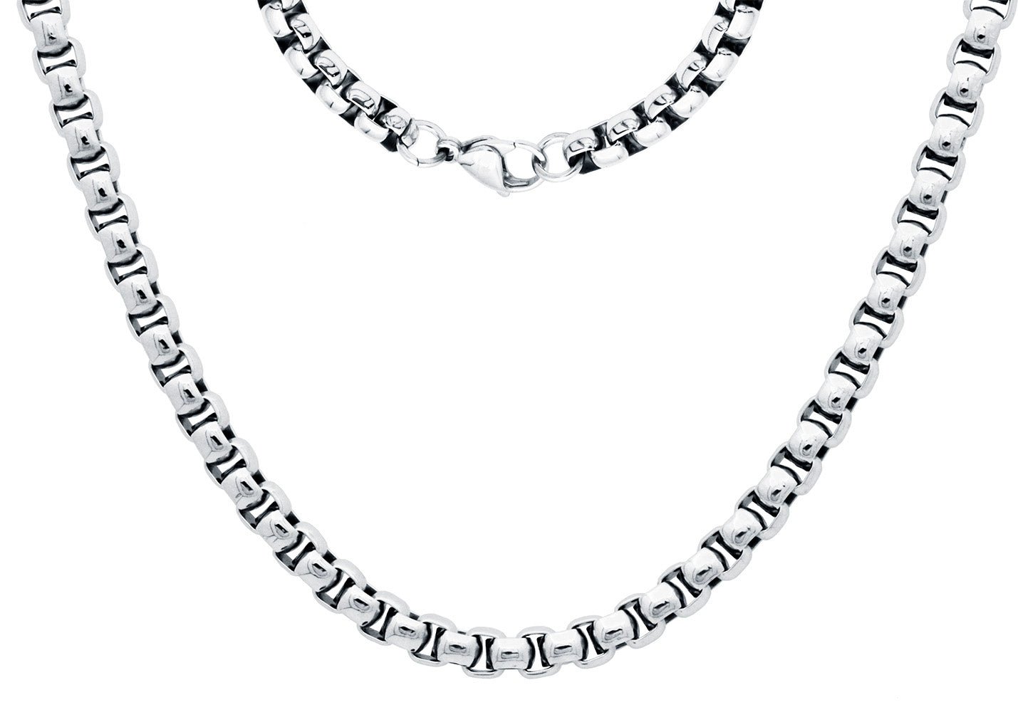 Mens 7mm Stainless Steel Round Box Link Chain Necklace